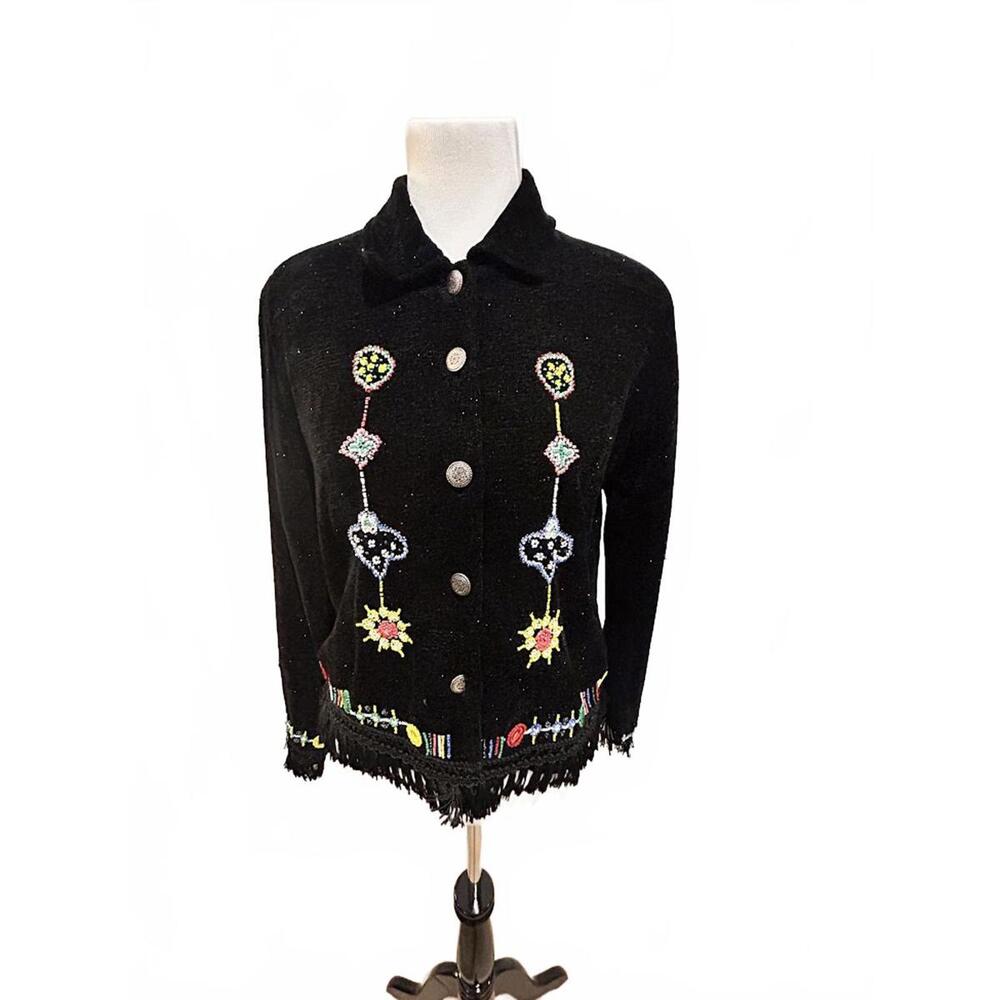 Vintage Black Chenille Beaded Cropped Jacket/sweater Alex Kim/Allure Boho Casual - Picture 2 of 9